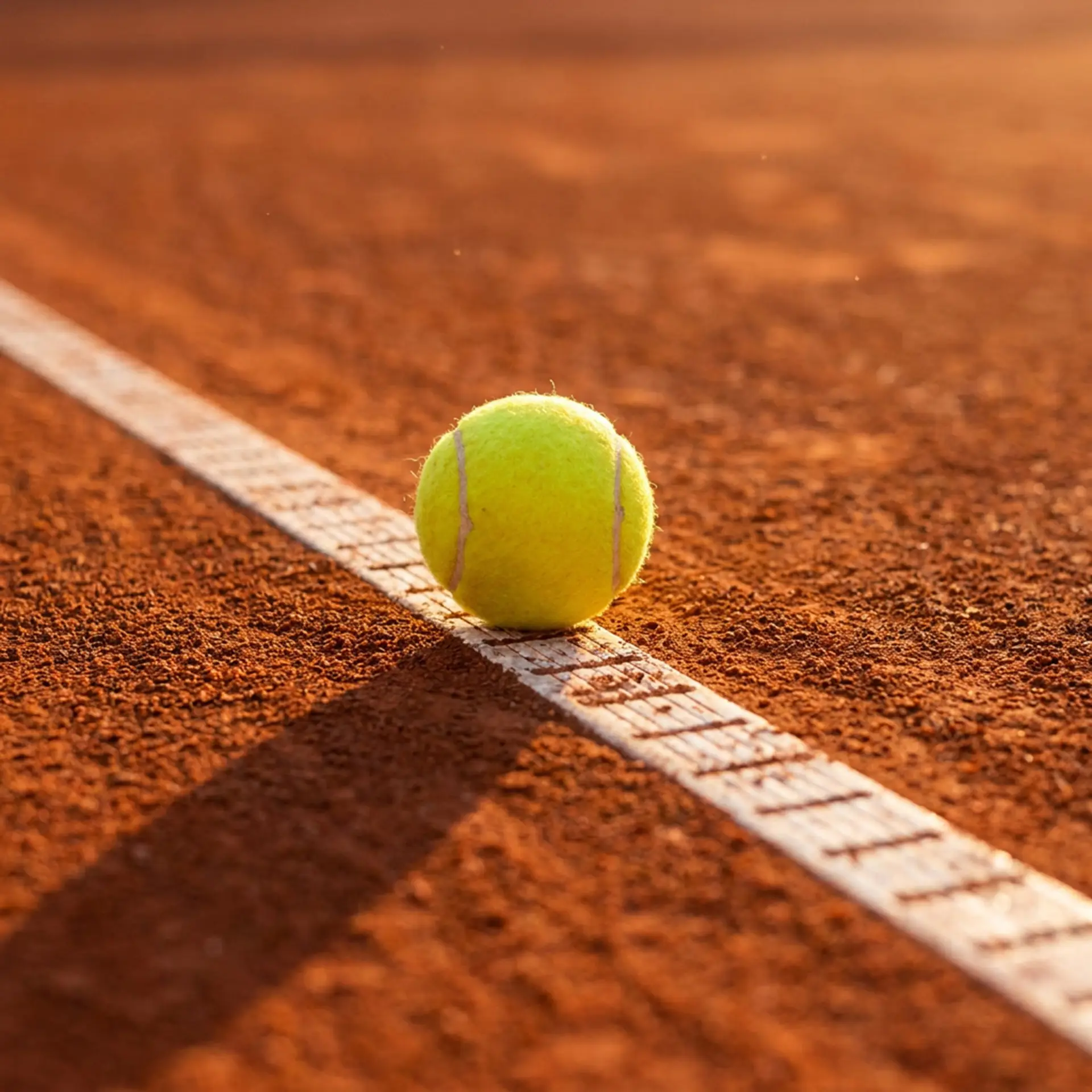 Pallina da tennis sulla riga di un campo in terra rossa